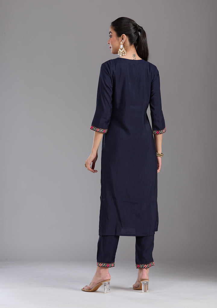 Navy Blue Threadwork Chanderi Readymade Salwar Suit