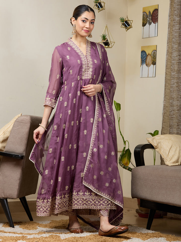 Mauve Zariwork (Gold) Organza Readymade Salwar Suit