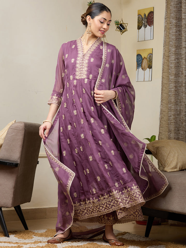 Mauve Zariwork (Gold) Organza Readymade Salwar Suit