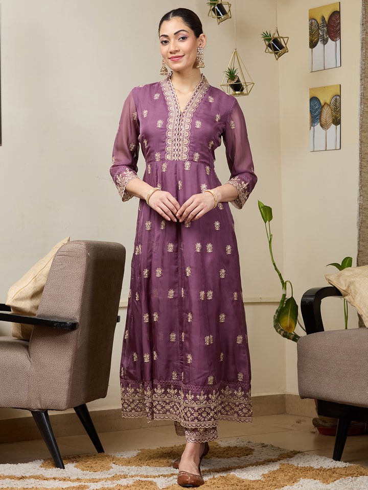 Mauve Zariwork (Gold) Organza Readymade Salwar Suit