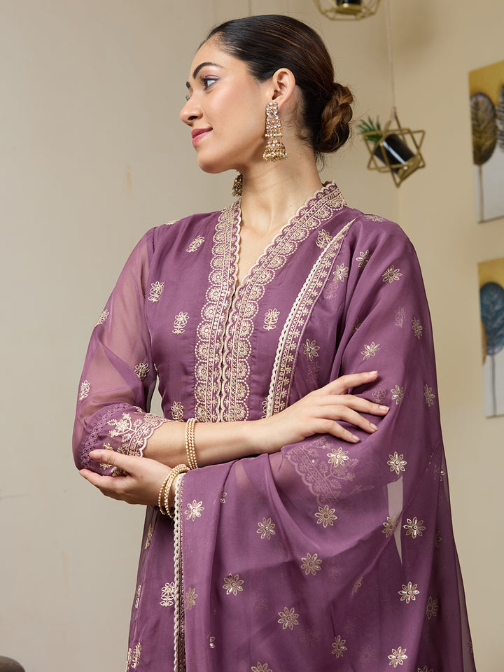 Mauve Zariwork (Gold) Organza Readymade Salwar Suit