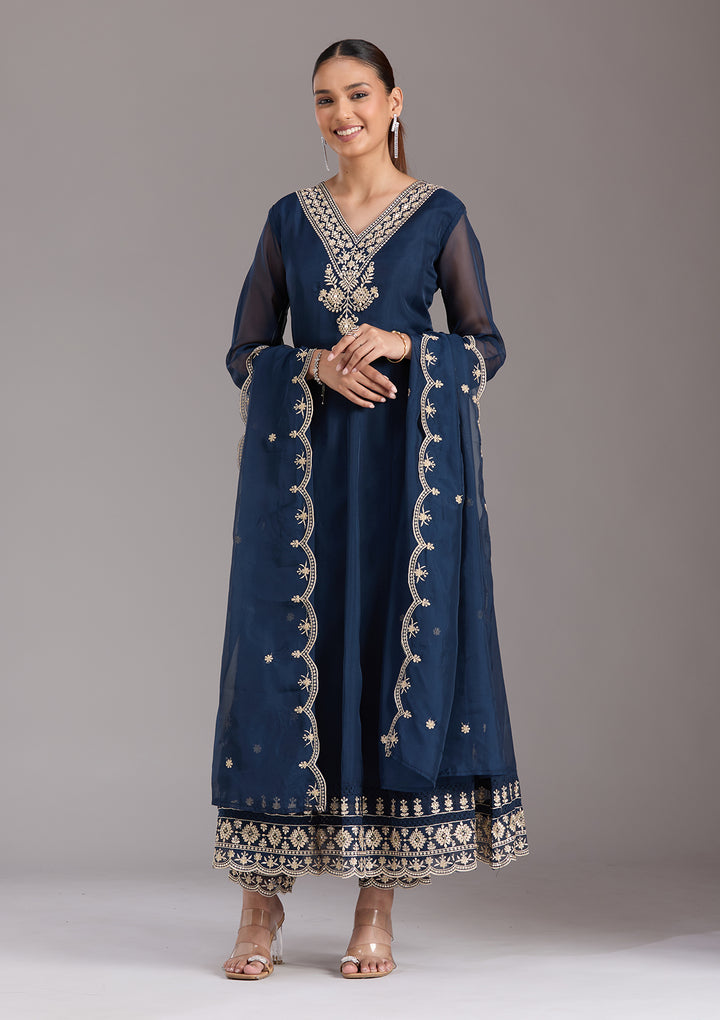 Navy Blue Zariwork (Gold) Organza Readymade Salwar Suit