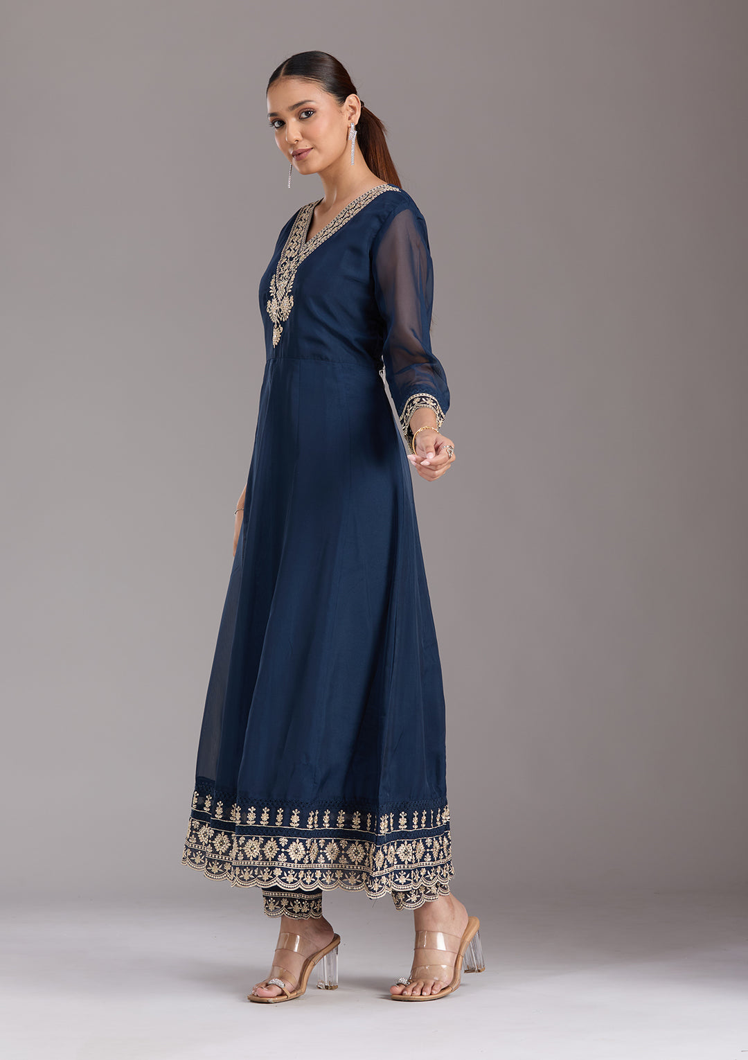 Navy Blue Zariwork (Gold) Organza Readymade Salwar Suit