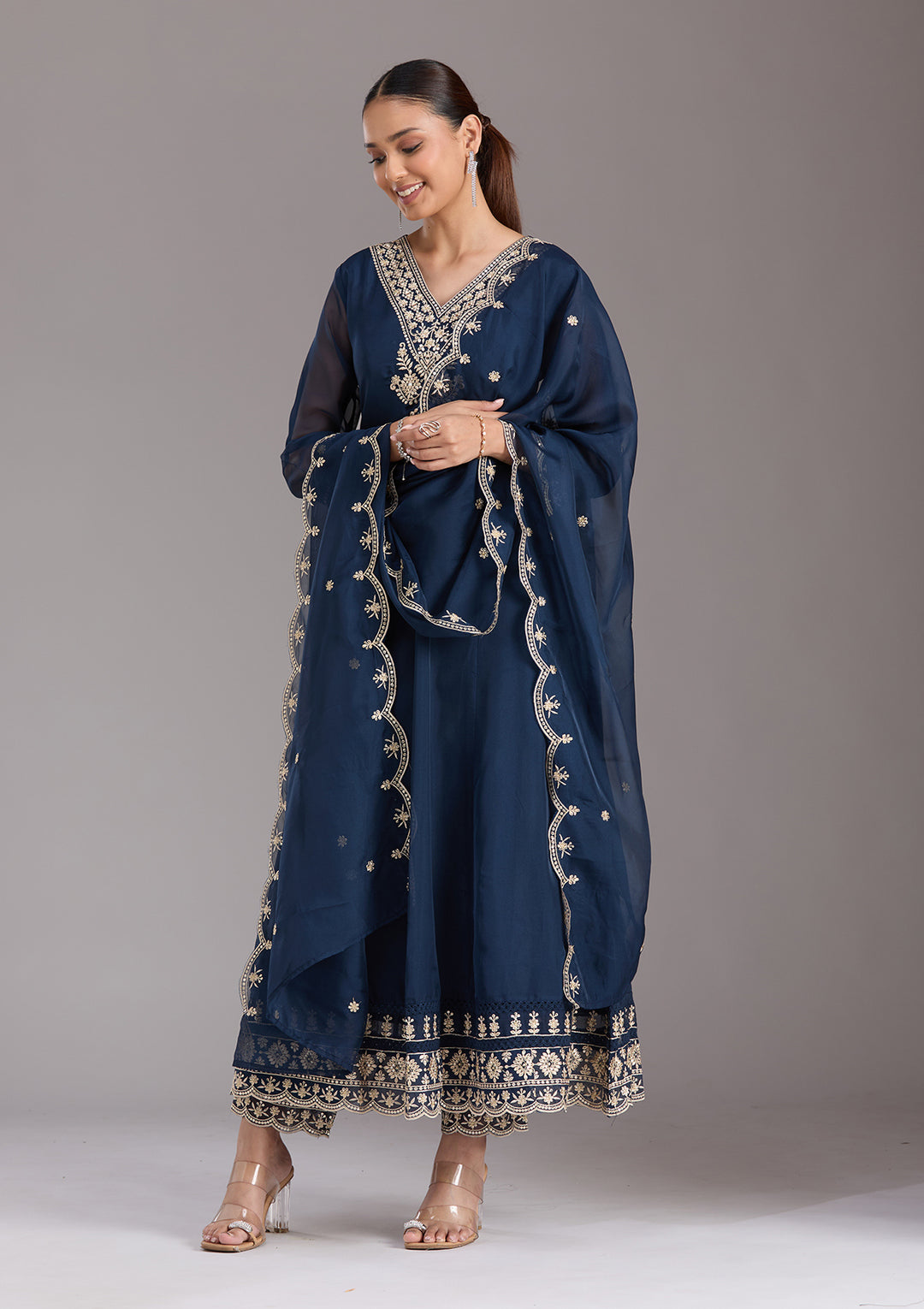 Navy Blue Zariwork (Gold) Organza Readymade Salwar Suit