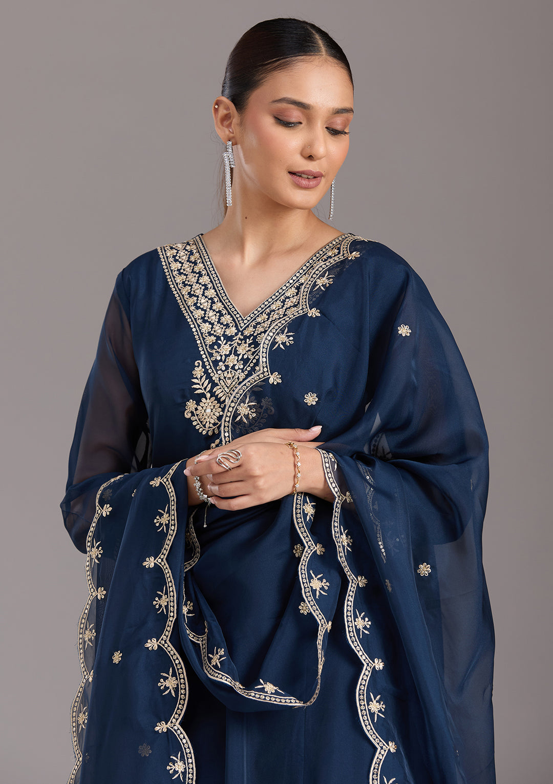 Navy Blue Zariwork (Gold) Organza Readymade Salwar Suit