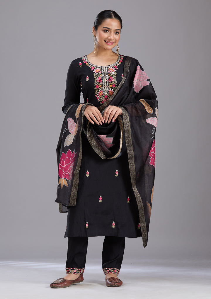 Black Threadwork Chanderi Readymade Salwar Suit