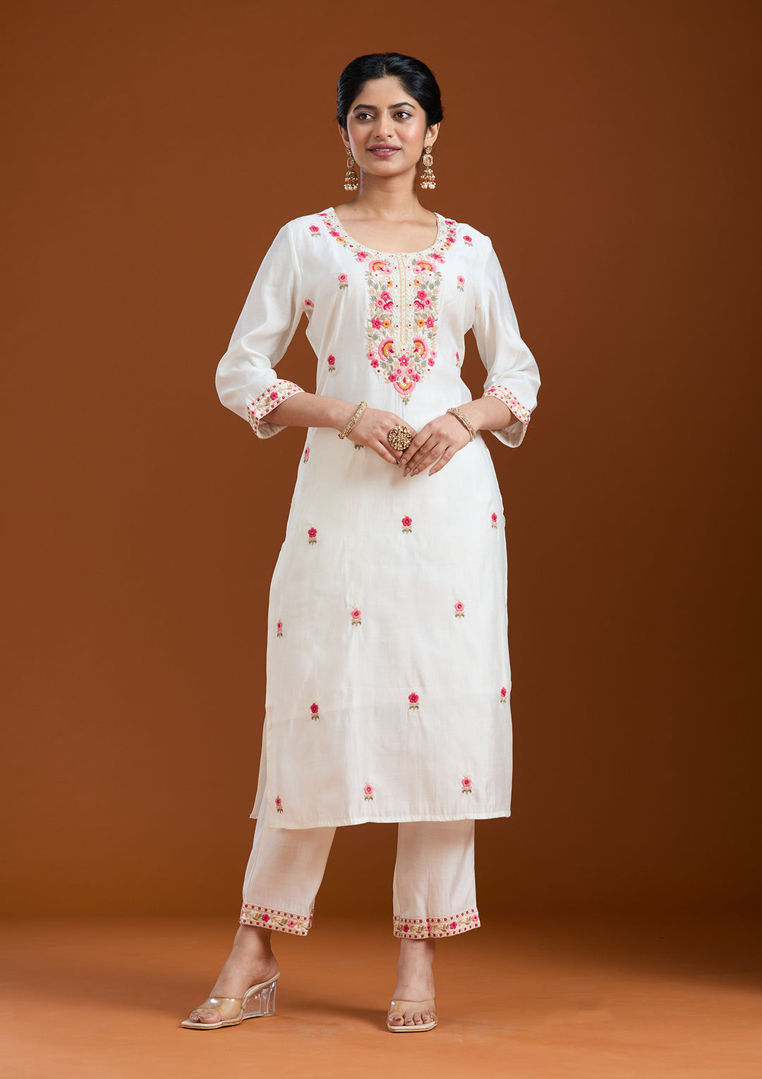 White Threadwork Chanderi Readymade Salwar Suit