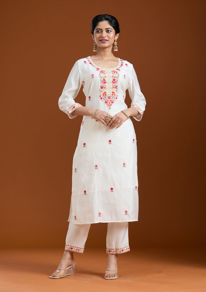 White Threadwork Chanderi Readymade Salwar Suit