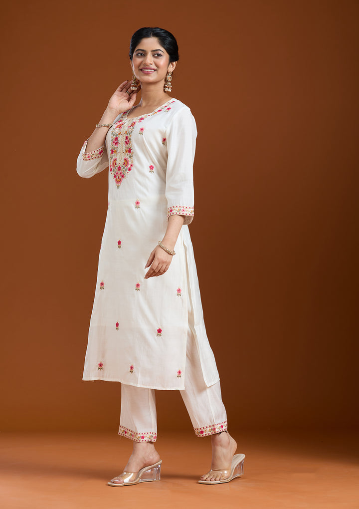 White Threadwork Chanderi Readymade Salwar Suit