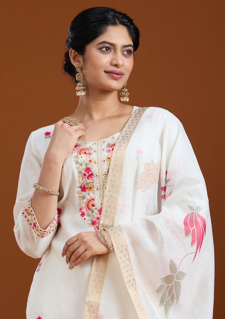 White Threadwork Chanderi Readymade Salwar Suit