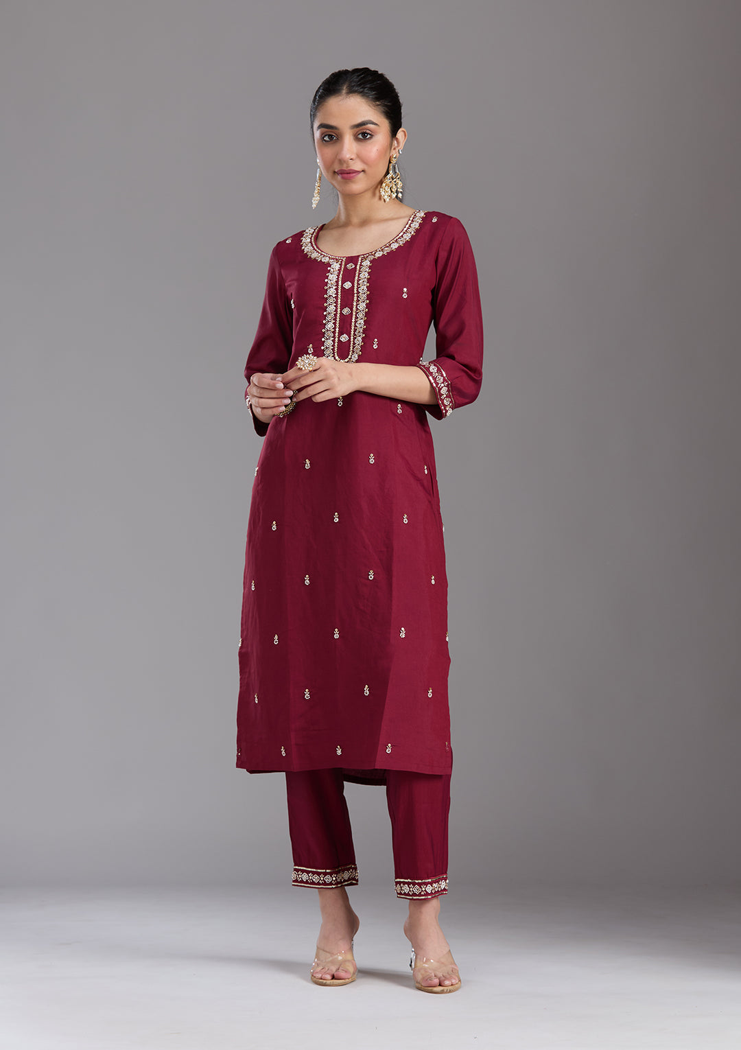 Maroon Cutdana Chanderi Readymade Salwar Suit