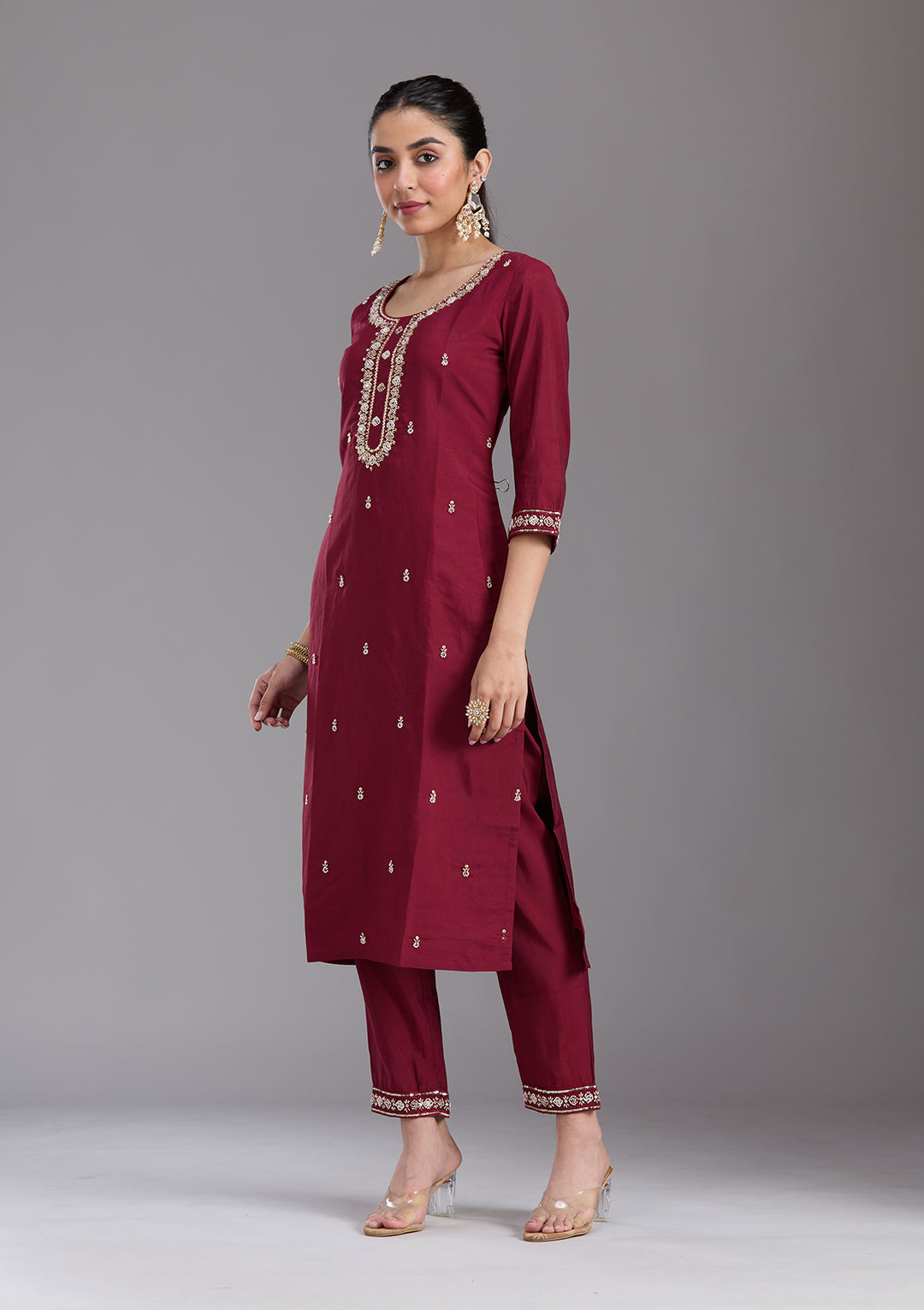 Maroon Cutdana Chanderi Readymade Salwar Suit