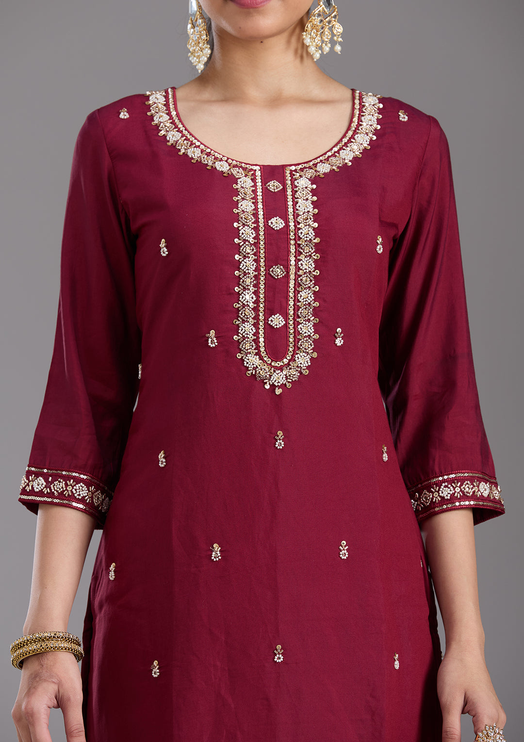 Maroon Cutdana Chanderi Readymade Salwar Suit