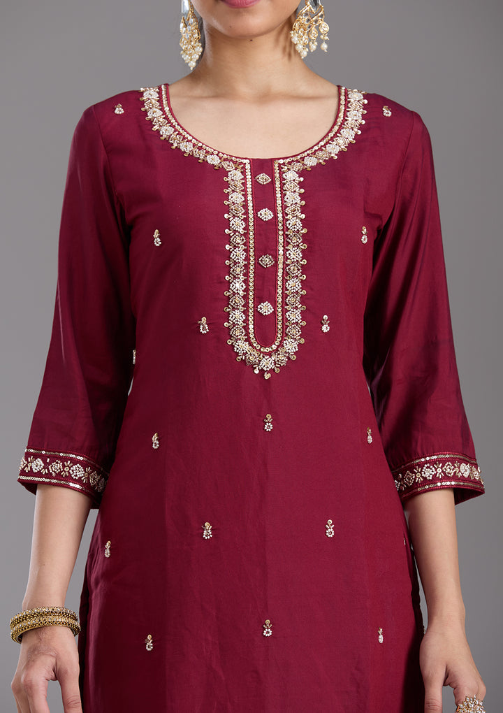 Maroon Cutdana Chanderi Readymade Salwar Suit