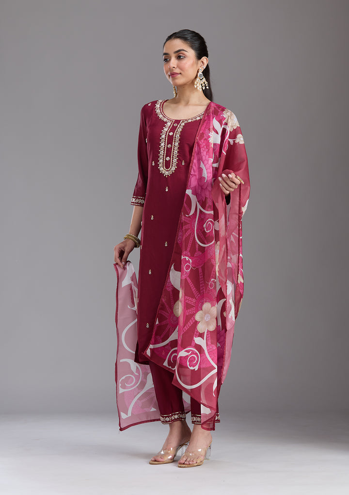Maroon Cutdana Chanderi Readymade Salwar Suit
