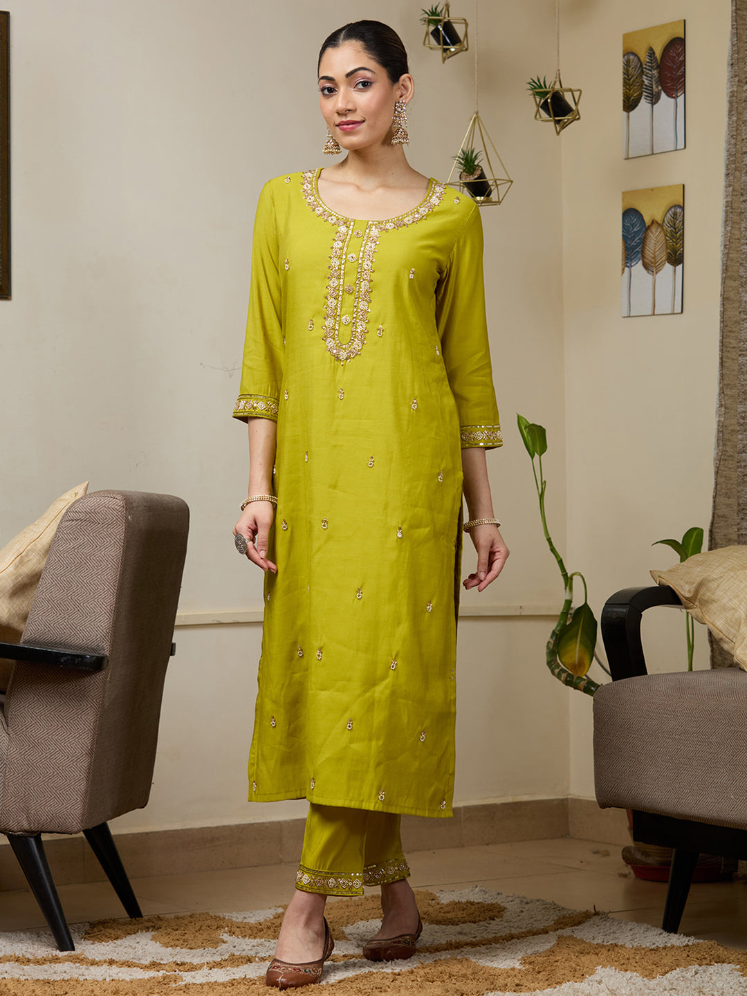 Parrot Green Cutdana Chanderi Readymade Salwar Suit
