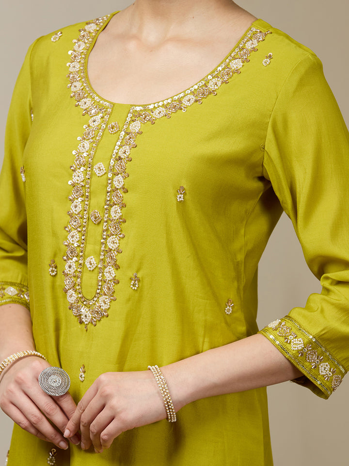 Parrot Green Cutdana Chanderi Readymade Salwar Suit