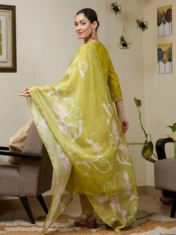 Parrot Green Cutdana Chanderi Readymade Salwar Suit