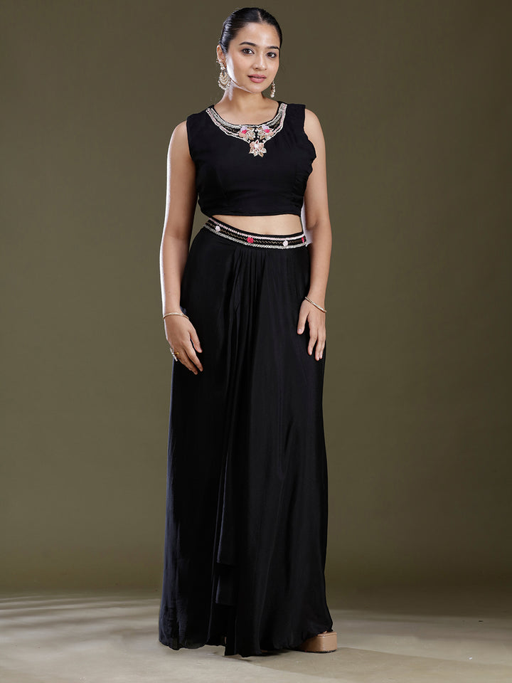 Black Threadwork Soft Raw Silk Readymade Salwar Suit