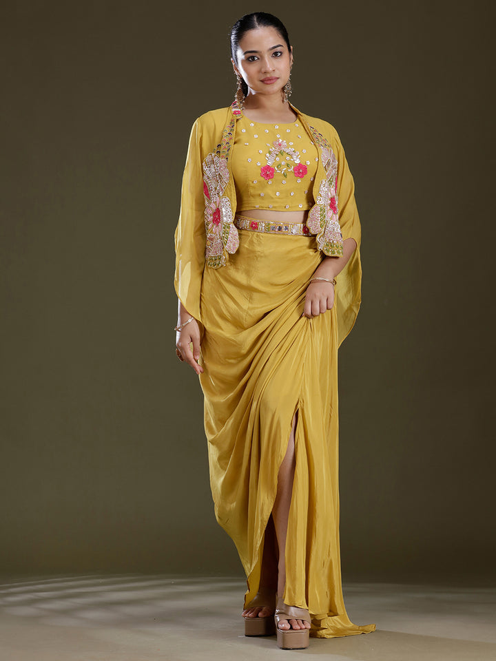Mustard Yellow Threadwork Satin Readymade Salwar Suit