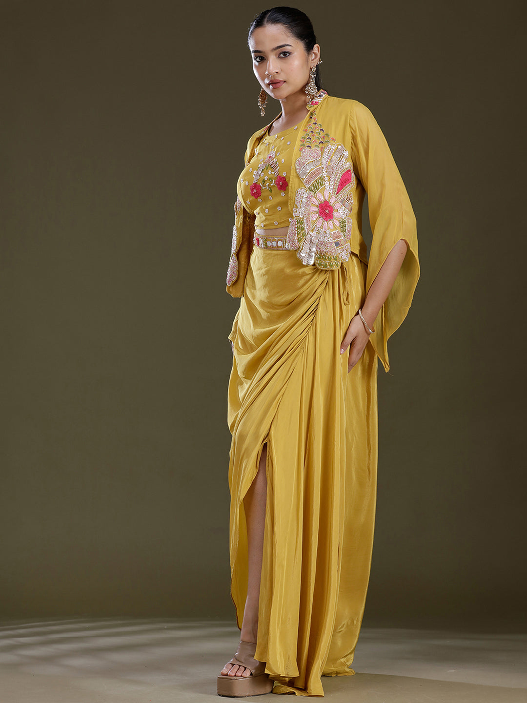Mustard Yellow Threadwork Satin Readymade Salwar Suit