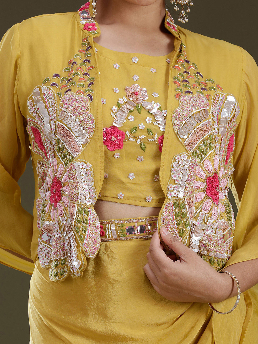 Mustard Yellow Threadwork Satin Readymade Salwar Suit