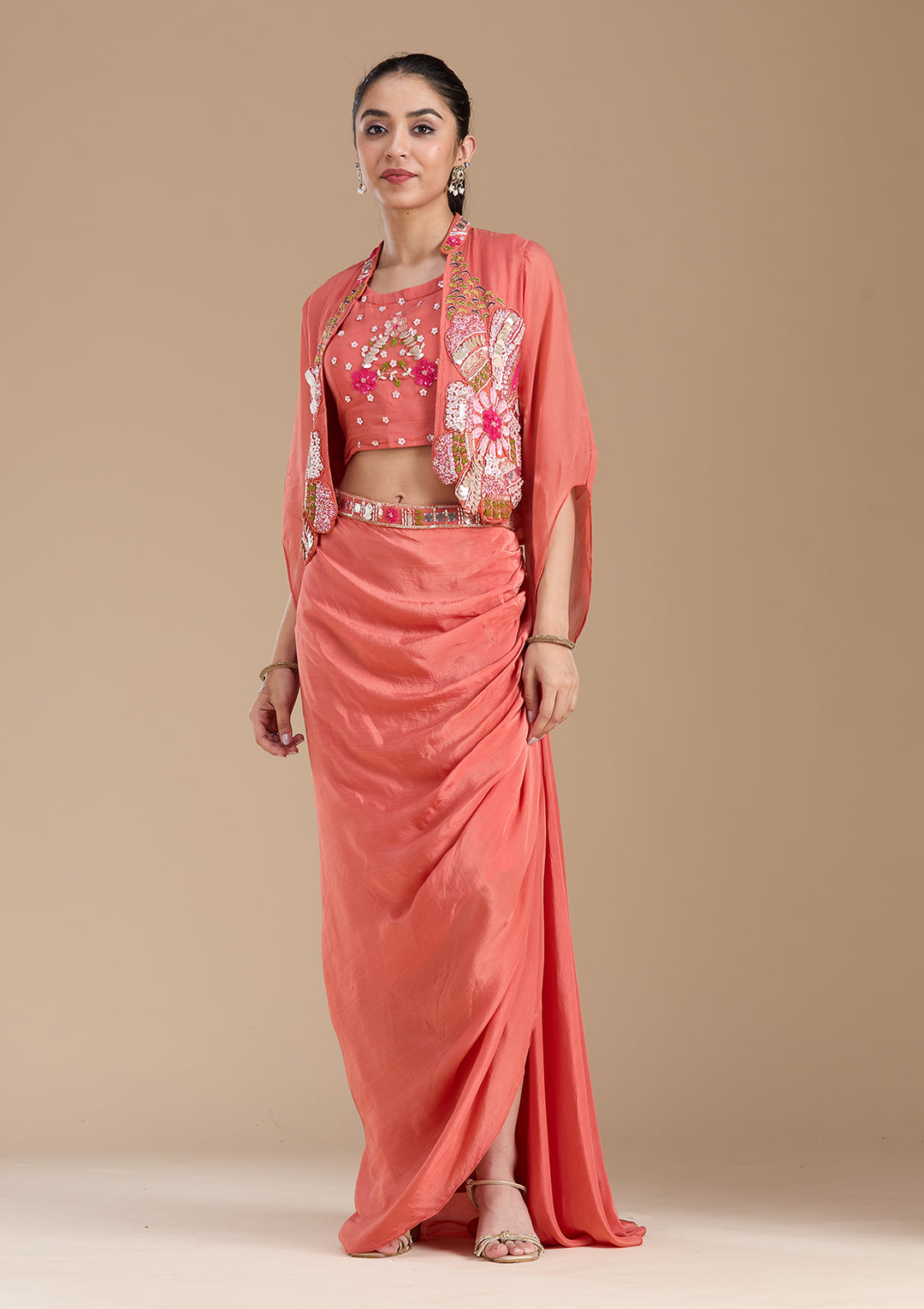 Rust Applique Satin Readymade Salwar Suit