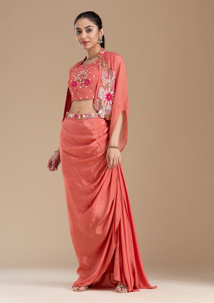 Rust Applique Satin Readymade Salwar Suit