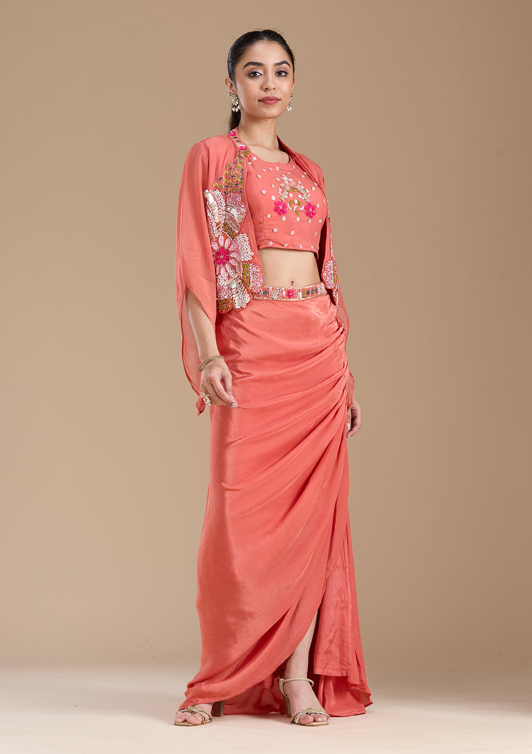 Rust Applique Satin Readymade Salwar Suit