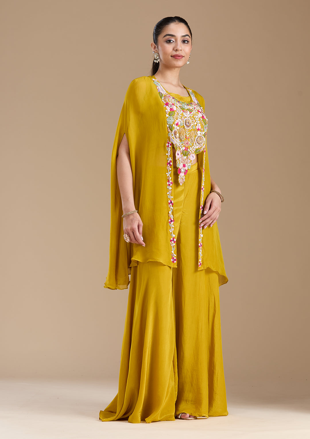 Mustard Yellow Threadwork Crepe Readymade Salwar Suit
