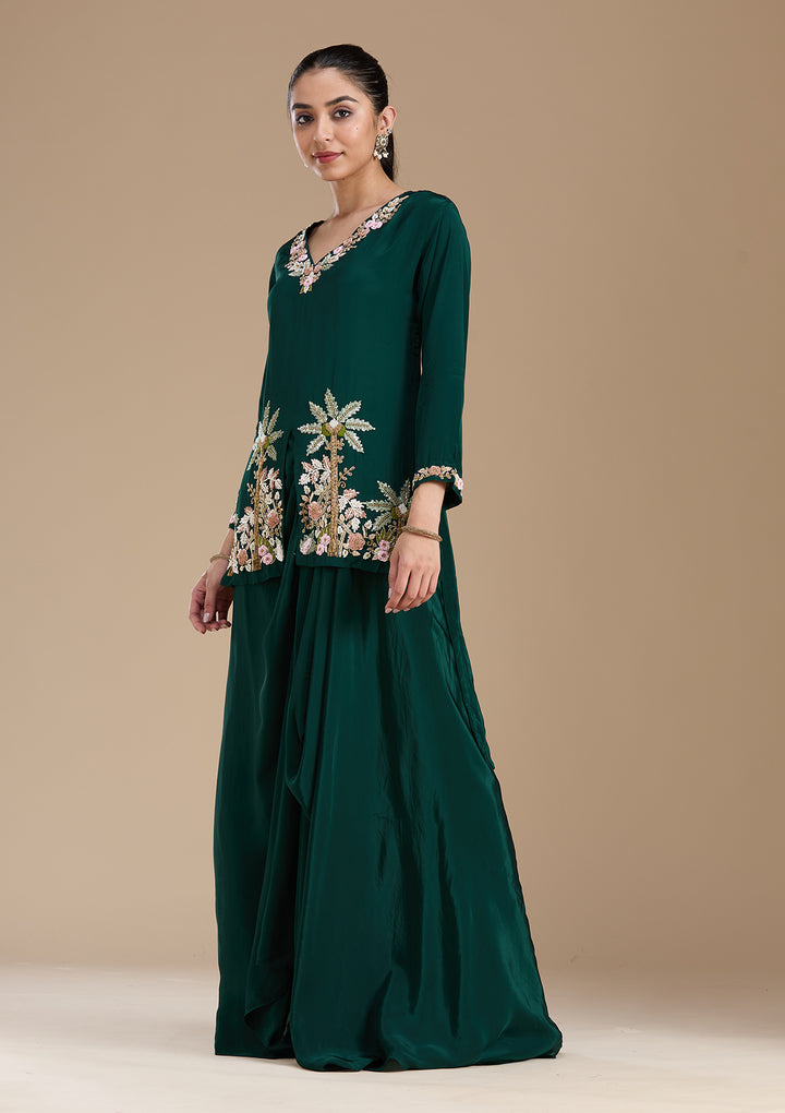 Bottle Green Threadwork Satin Readymade Salwar Suit