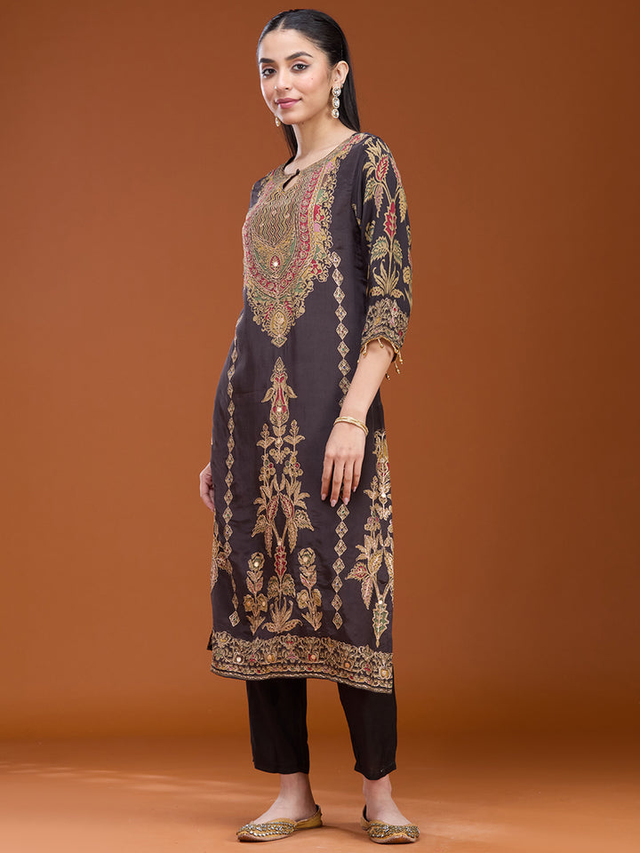 Black Threadwork Soft Raw Silk Readymade Salwar Suit