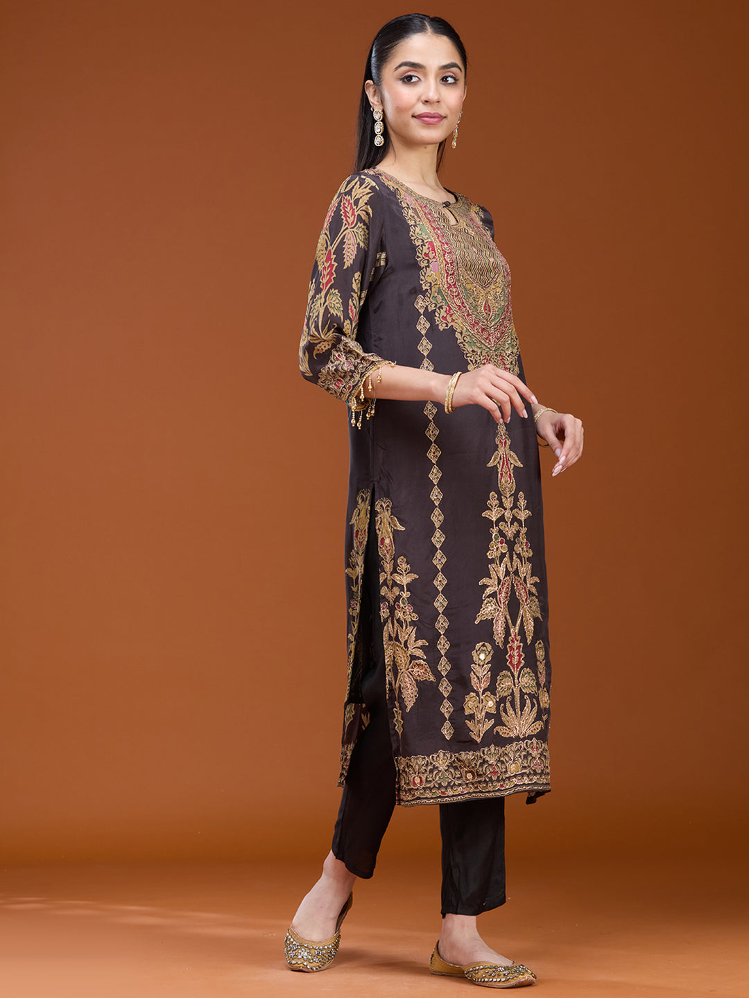 Black Threadwork Soft Raw Silk Readymade Salwar Suit
