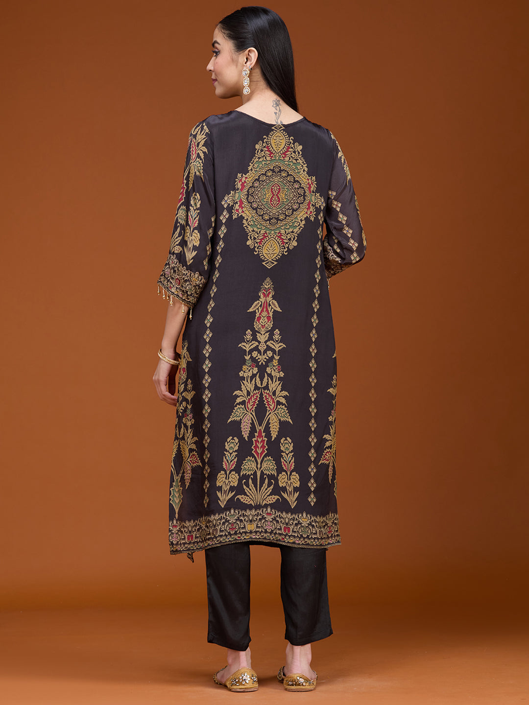 Black Threadwork Soft Raw Silk Readymade Salwar Suit