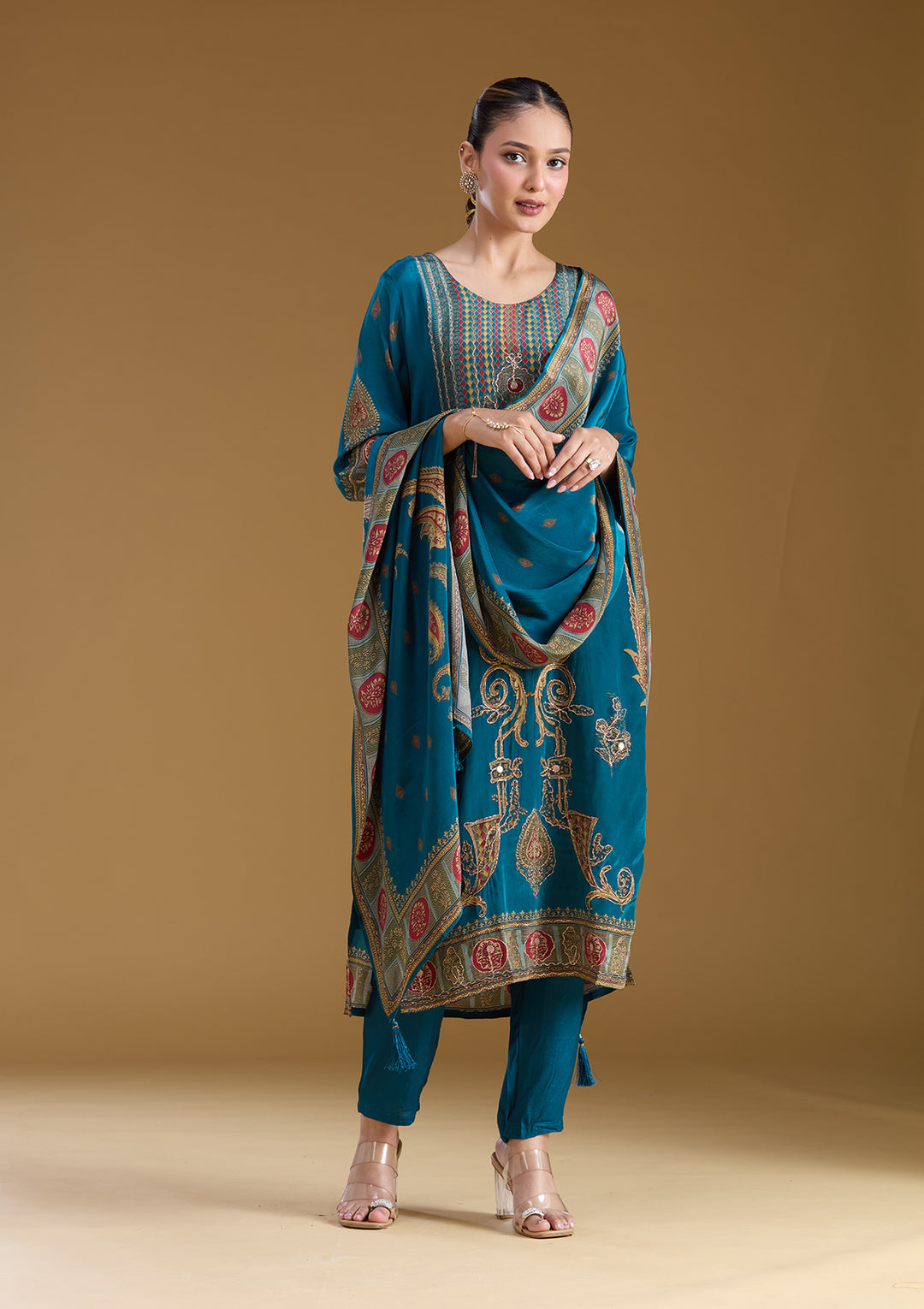 Peacock Blue Threadwork Soft Raw Silk Readymade Salwar Suit
