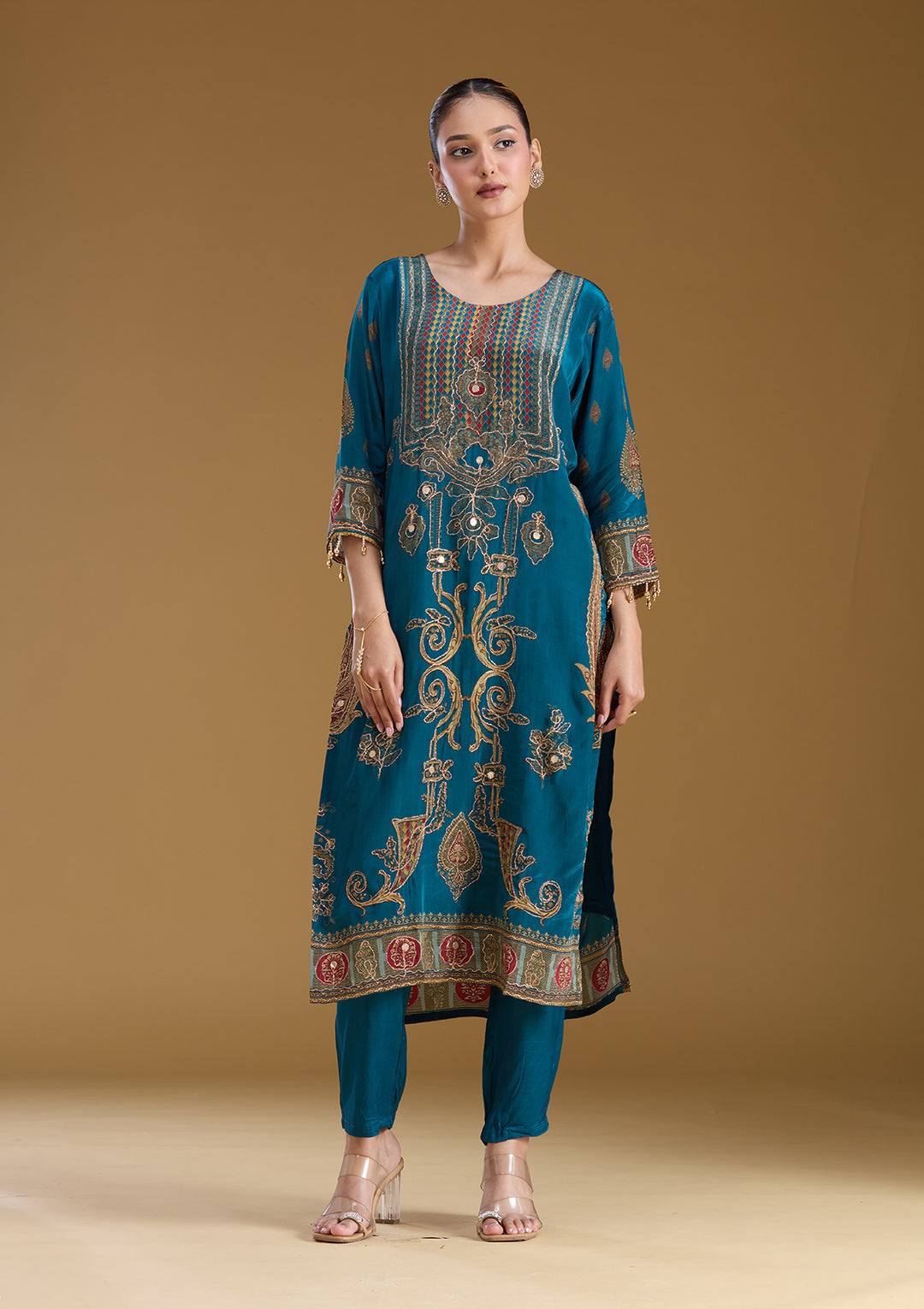 Peacock Blue Threadwork Soft Raw Silk Readymade Salwar Suit