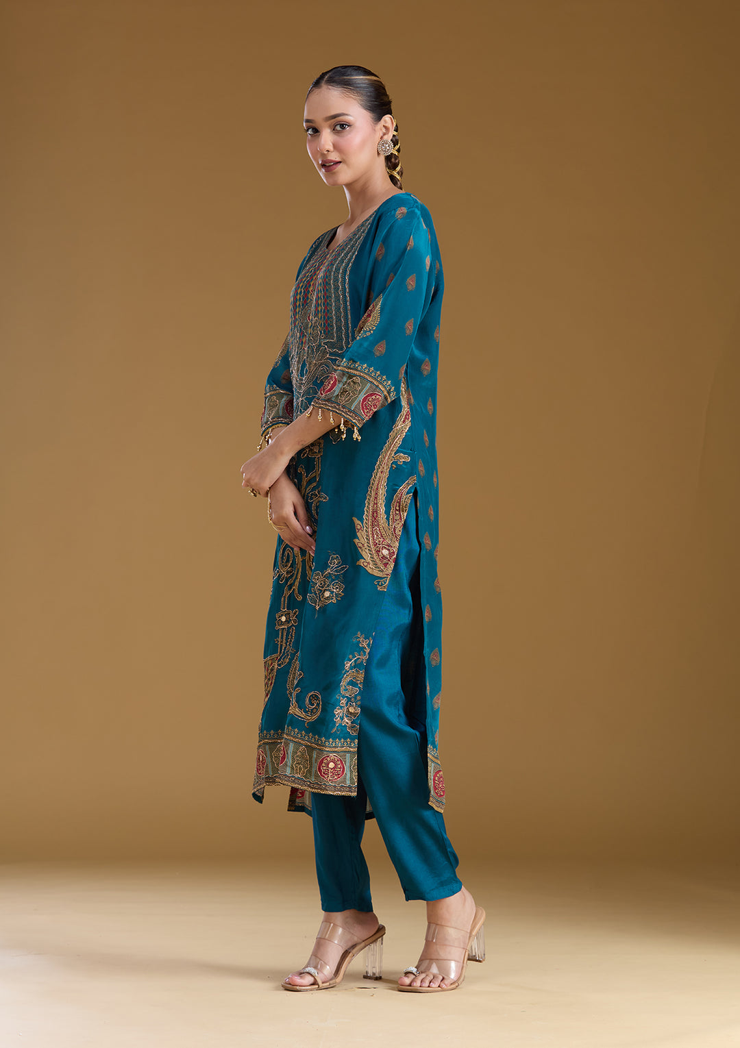 Peacock Blue Threadwork Soft Raw Silk Readymade Salwar Suit