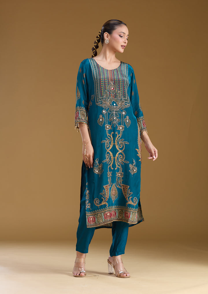 Peacock Blue Threadwork Soft Raw Silk Readymade Salwar Suit