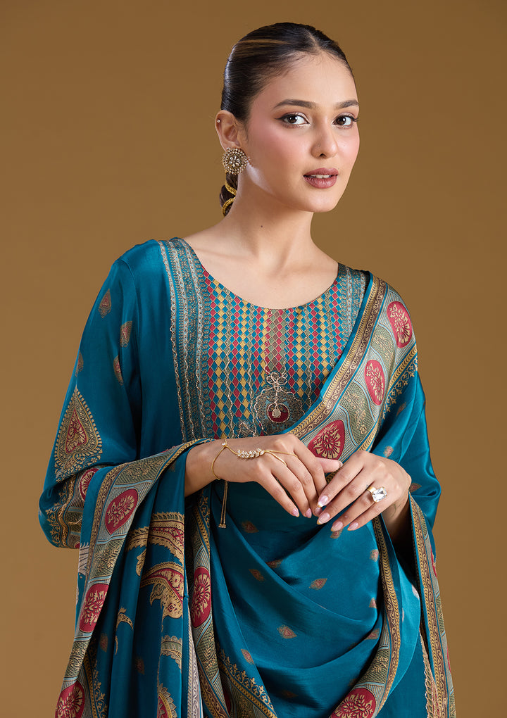 Peacock Blue Threadwork Soft Raw Silk Readymade Salwar Suit