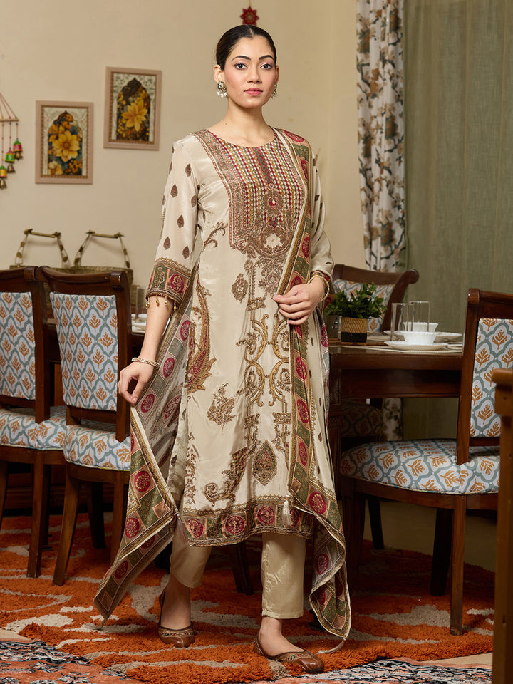 Pista Green Printed Crepe Readymade Salwar Suit