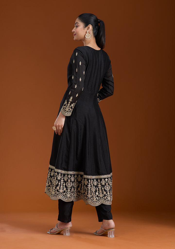 Black Zariwork (Gold) Soft Raw Silk Readymade Salwar Suit