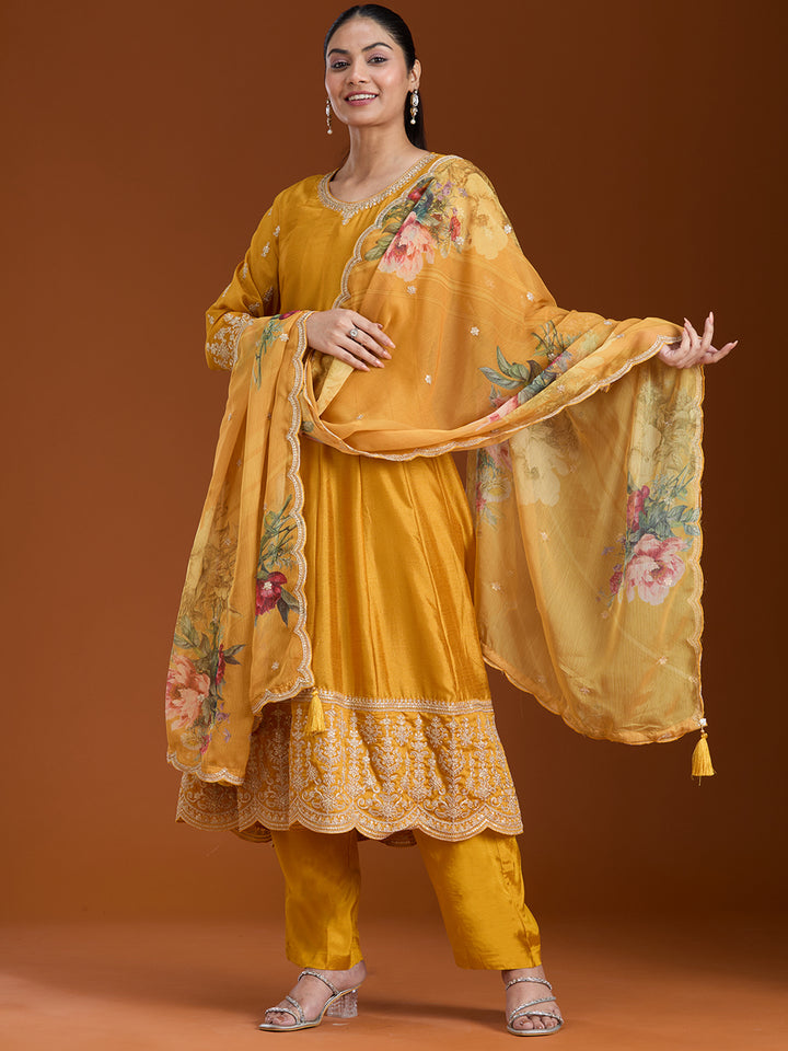 Mustard Yellow Zariwork (Gold) Soft Raw Silk Readymade Salwar Suit