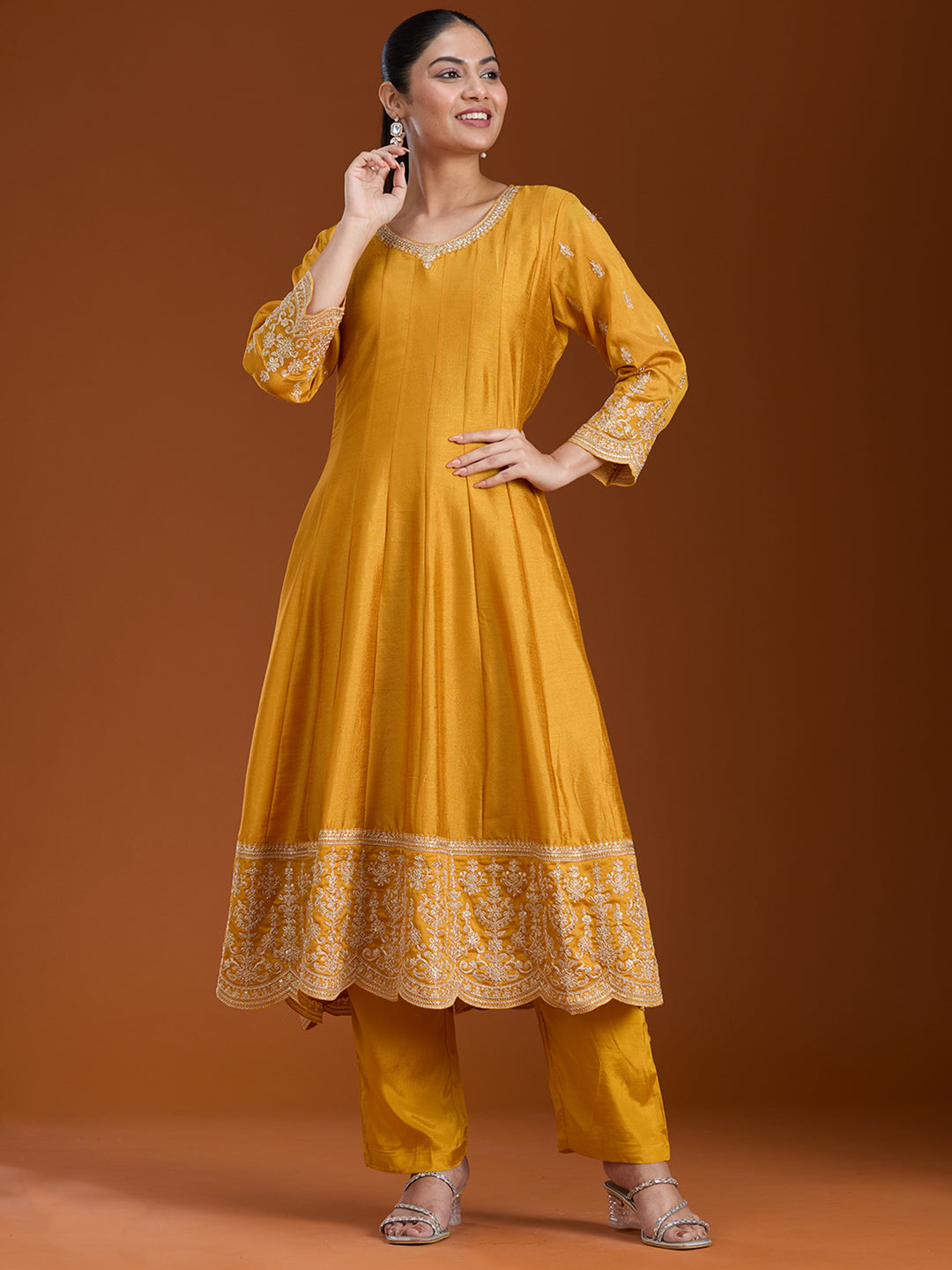 Mustard Yellow Zariwork (Gold) Soft Raw Silk Readymade Salwar Suit