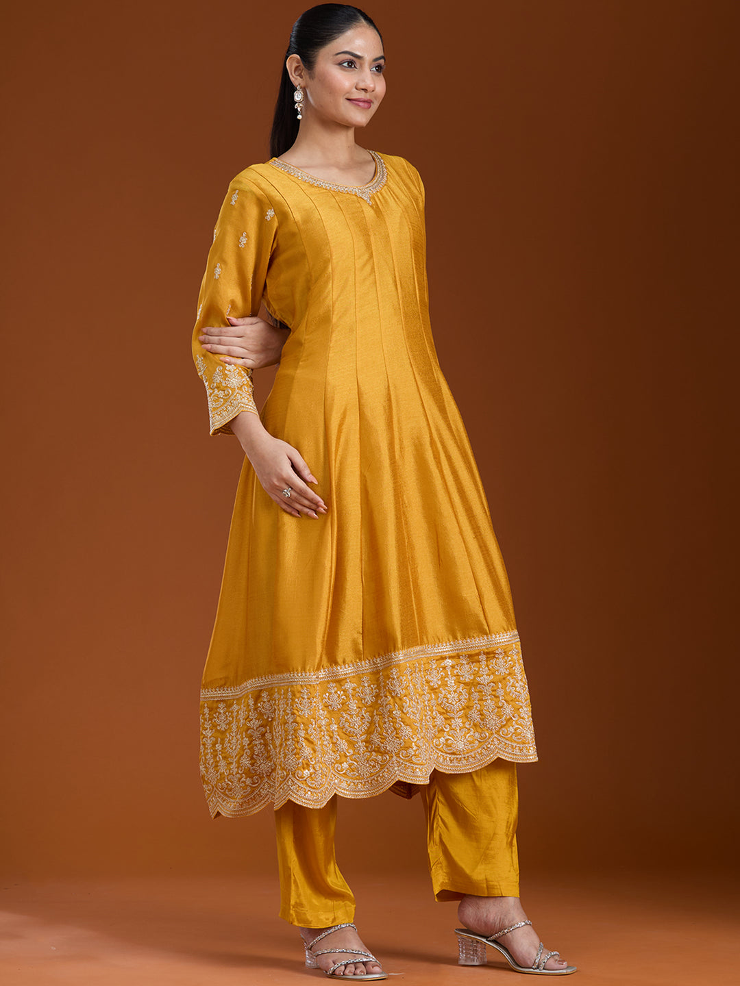 Mustard Yellow Zariwork (Gold) Soft Raw Silk Readymade Salwar Suit
