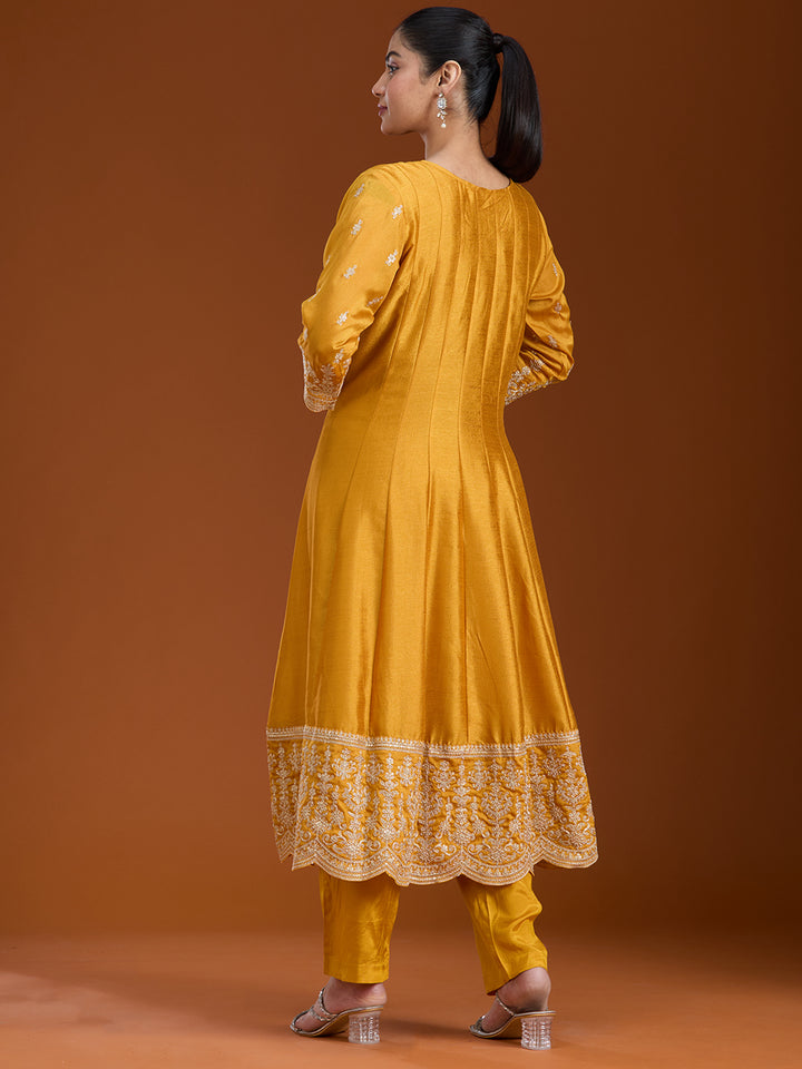 Mustard Yellow Zariwork (Gold) Soft Raw Silk Readymade Salwar Suit