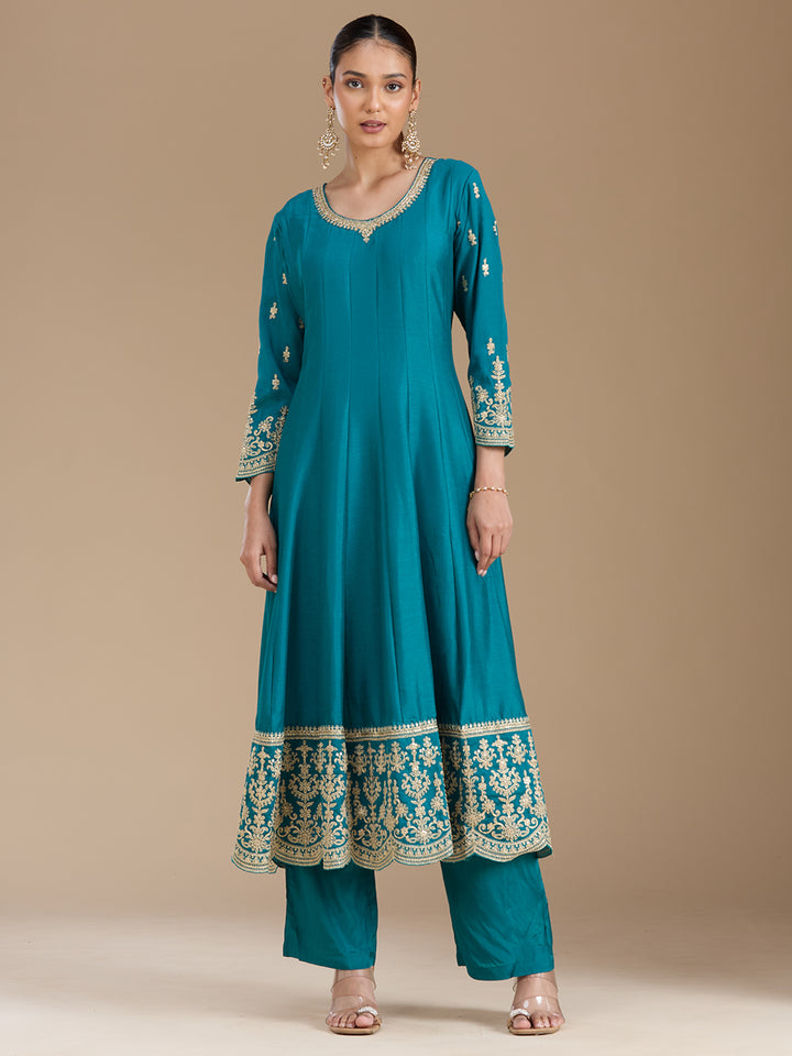 Turquoise Blue Zariwork Soft Raw Silk Readymade Salwar Suit