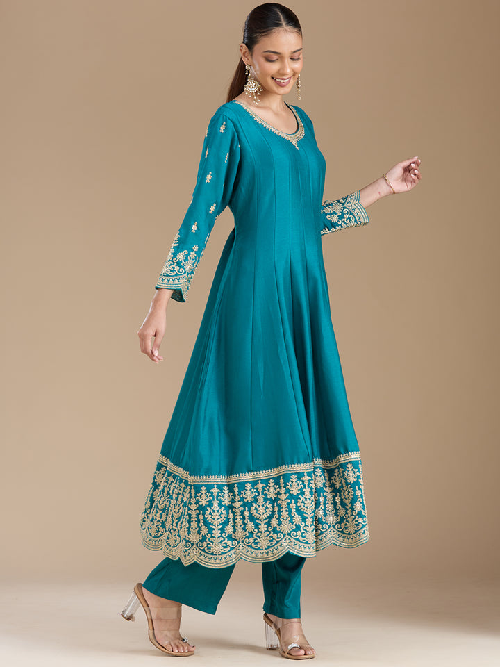 Turquoise Blue Zariwork Soft Raw Silk Readymade Salwar Suit