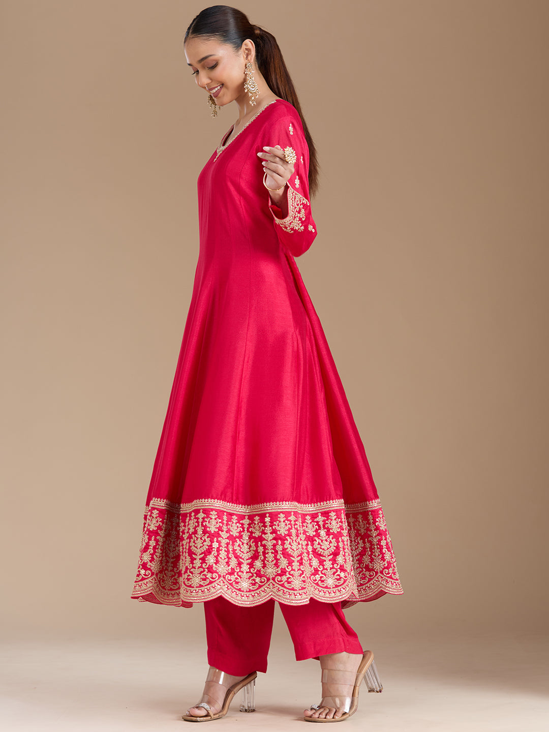 Rani Pink Threadwork Soft Raw Silk Readymade Salwar Suit