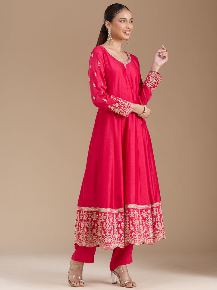 Rani Pink Threadwork Soft Raw Silk Readymade Salwar Suit
