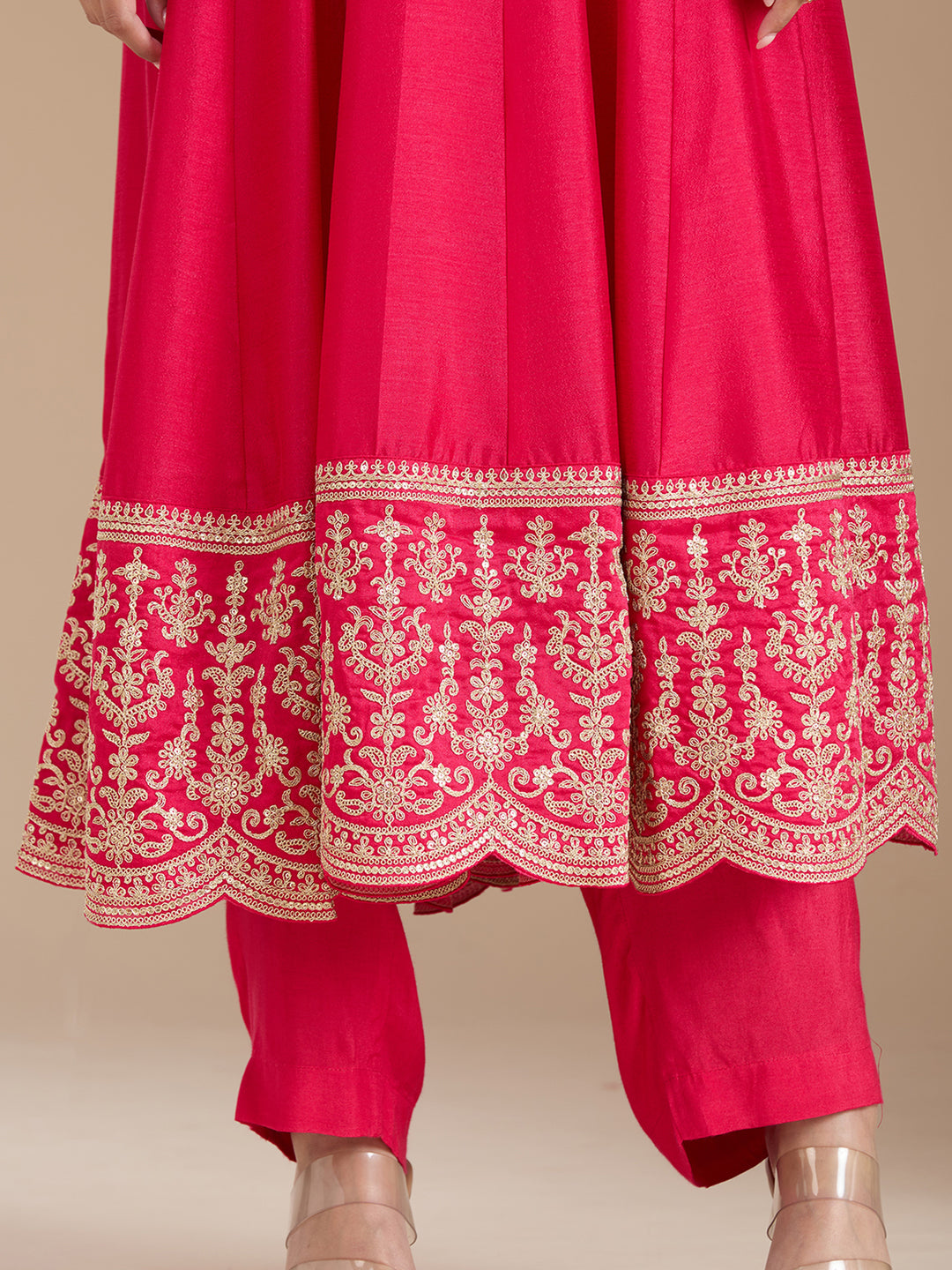 Rani Pink Threadwork Soft Raw Silk Readymade Salwar Suit